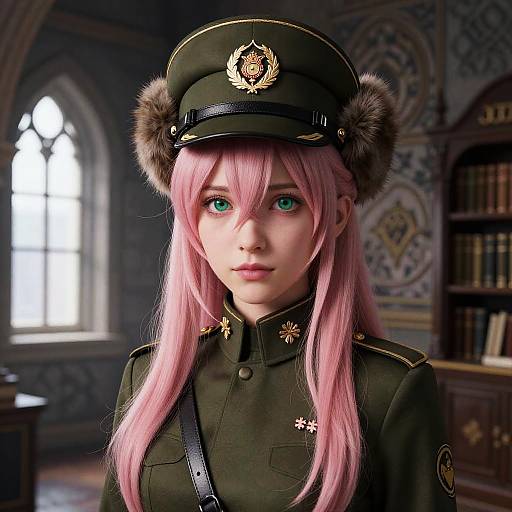 CGI anime-style image of a pink-haired, green-eyed girl in a military uniform with fur hat, standing in a dimly lit, ornate