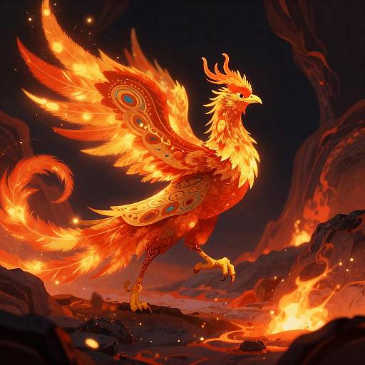 Mystical Phoenix Guardian in Volcanic Cavern