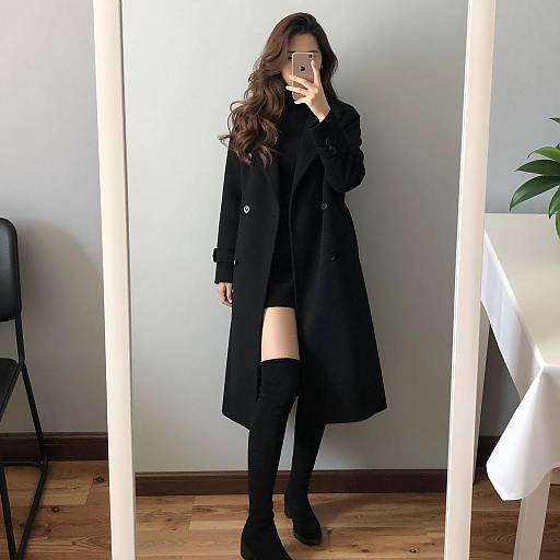 Woman in Black Long Coat Taking Mirror Selfie