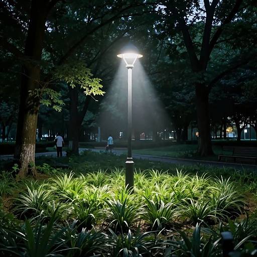 Photograph of a glowing streetlamp illuminating green grass and plants in a dark, wooded park, with faintly visible figures in the background.