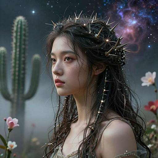 Digital art of an ethereal Asian woman with wet, dark hair, crowned with star spikes, set against a cosmic, cactus-filled night sky.