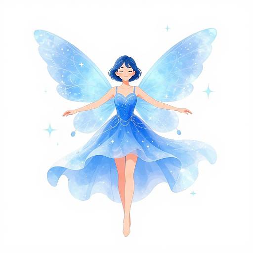 Digital illustration of a blue-haired fairy with translucent, glowing blue wings and a flowing, sparkly blue dress, floating against a white background.