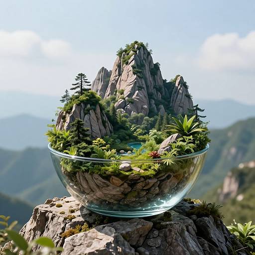Photorealistic digital artwork of a glass bowl filled with miniature mountain landscape, complete with pine trees, rocks, and greenery, set against a blurred