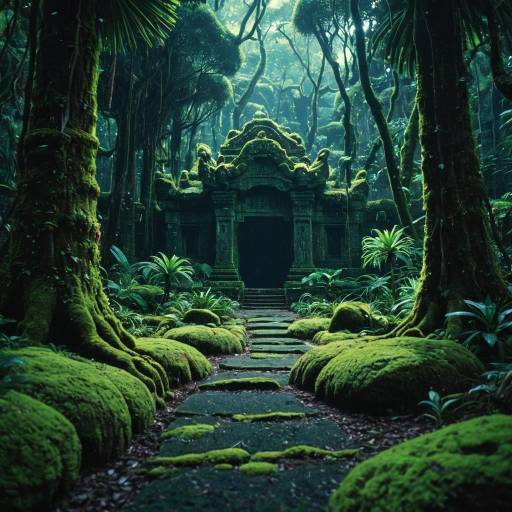 Ancient Moss-Covered Tropical Grove Temple