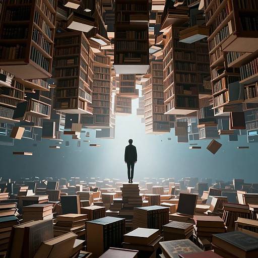 Digital art of a silhouette standing in a vast library with floating books and shelves, illuminated by a bright light source.