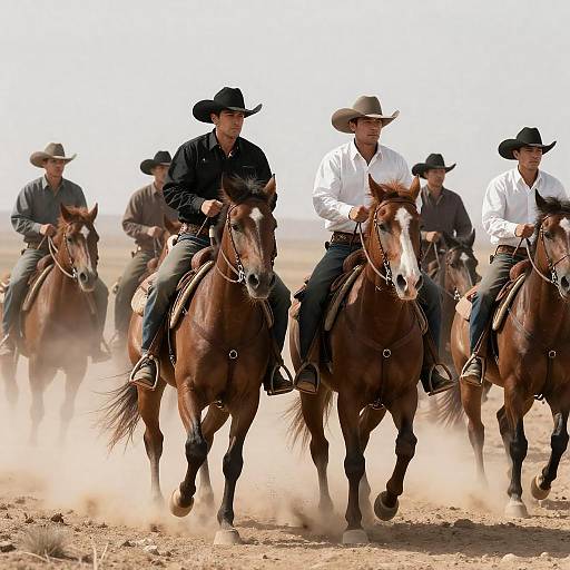 Six Cowboys Riding in Dusty Desert
