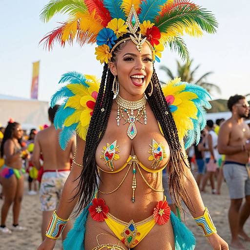 Photograph of a smiling Black woman in vibrant, colorful Carnival costume with feathered headdress, braided hair, gold jewelry, and decorative bikini,