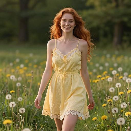 Red-Haired Woman in Yellow Sundress in Dandelion Field