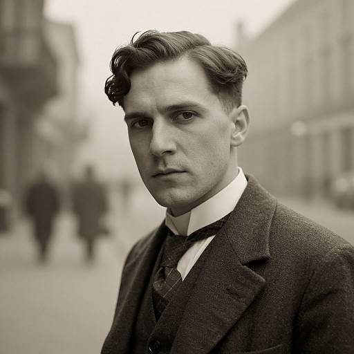 Black-and-white photograph of a serious, early 20th-century man with slicked-back hair, wearing a three-piece suit, standing on a blurred