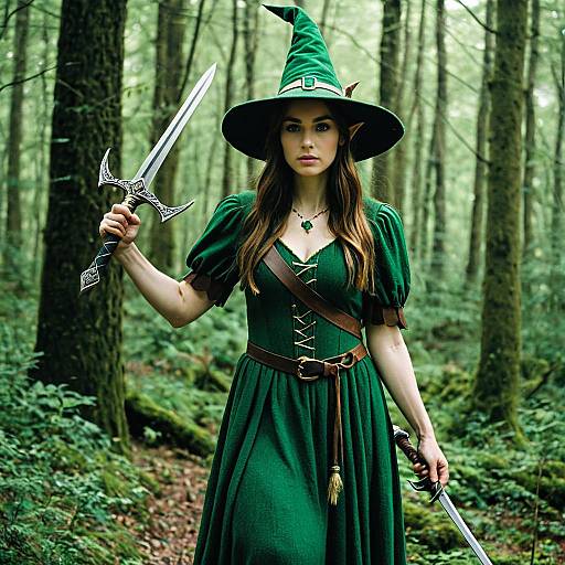 Photorealistic digital art of a green-clad, fair-skinned witch with long brown hair, holding two swords in a forest, wearing a pointed