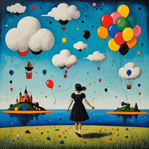 Surreal Girl with Colorful Balloons and Floating Islands