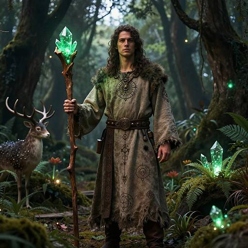 Photorealistic CGI of a long-haired man in a fur-trimmed robe holding a glowing crystal staff, standing in a mystical forest with a deer