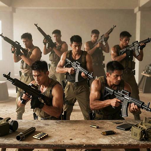 Intense Military Confrontation in Dim Room