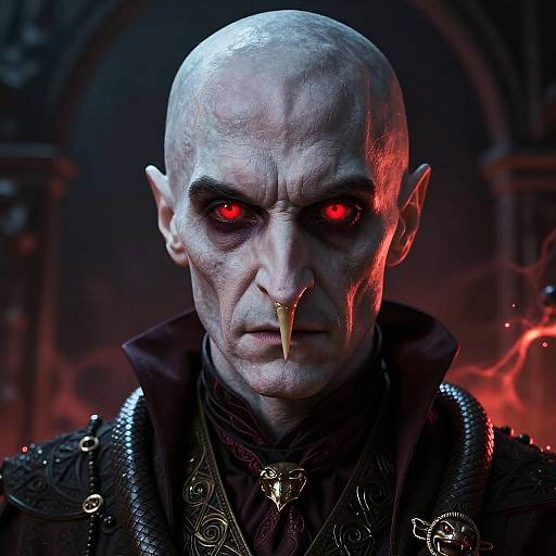 CGI image of a bald, pale-skinned male vampire with glowing red eyes, pointed ears, and a gold nose ring, wearing dark, orn
