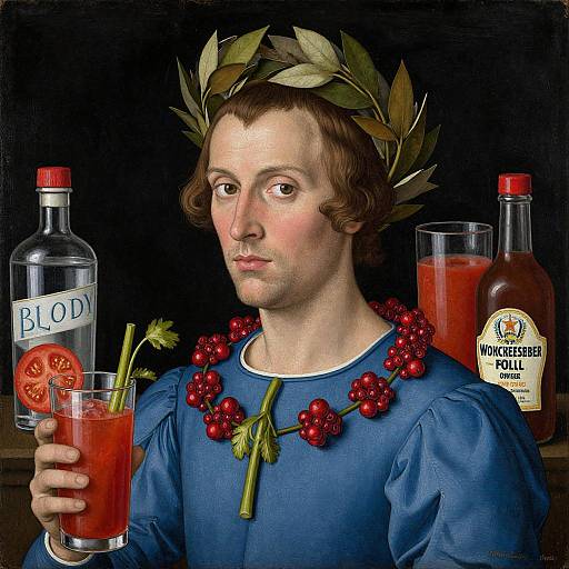 Digital art of a pale, brown-haired man in blue, crowned with leaves, holding a vodka bottle and red cocktail, with a Bloody Mary mix bottle