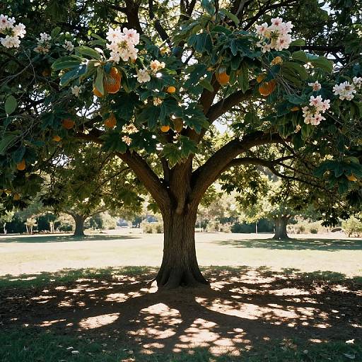 Photograph of a sunlit orange tree with white flowers and ripe oranges, casting shadows on a grassy park ground.