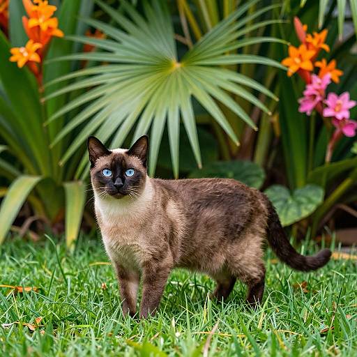 Sleek Siamese Cat in Tropical Garden