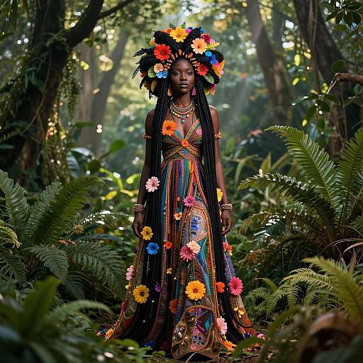 Photograph of a dark-skinned African woman with long braids, wearing a colorful, flower-adorned dress and headpiece, standing in a
