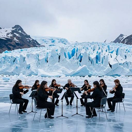 Photograph of a string quartet playing on an icy, glacier-covered landscape with snow-capped mountains in the background. Musicians wear black attire,