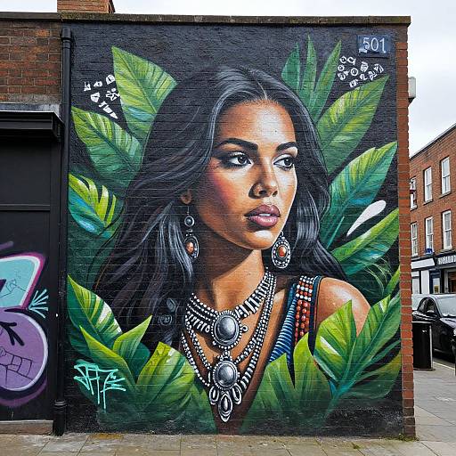 Vibrant graffiti mural of a dark-haired woman with large green leaves, detailed jewelry, and intense expression on a brick wall. Urban street setting.