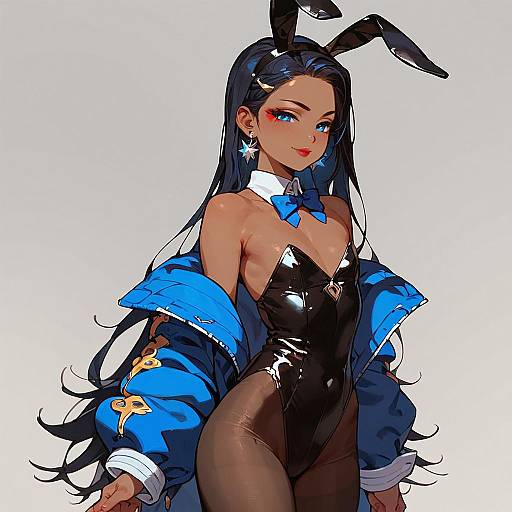 Digital anime-style drawing of a dark-skinned, blue-eyed woman with long black hair, wearing a black bunny suit, blue jacket, and blue bow