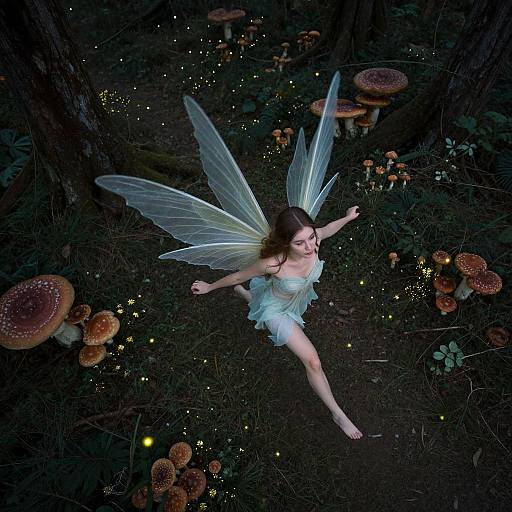 Photograph of a fairy with translucent wings, wearing a white, flowing dress, floating in a dark forest surrounded by glowing mushrooms and fireflies.