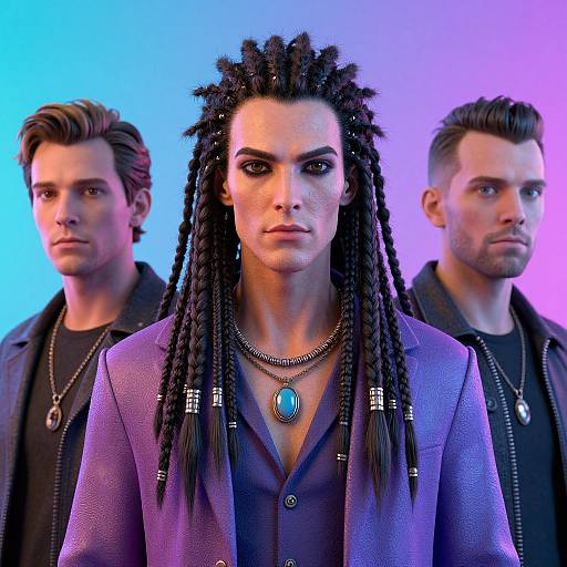Photorealistic digital art of three muscular men with dramatic lighting; central figure with long dreadlocks, blue pendant, purple suit, flanked by two