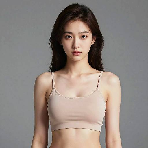 Photograph of an Asian woman with long black hair, wearing a light pink crop top, standing against a plain gray background.