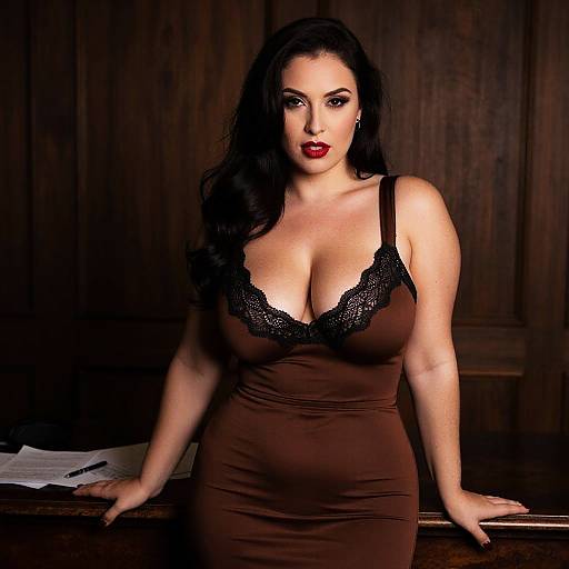 Photograph of a curvy, fair-skinned woman with long black hair, wearing a low-cut brown lace-trimmed dress, leaning on a