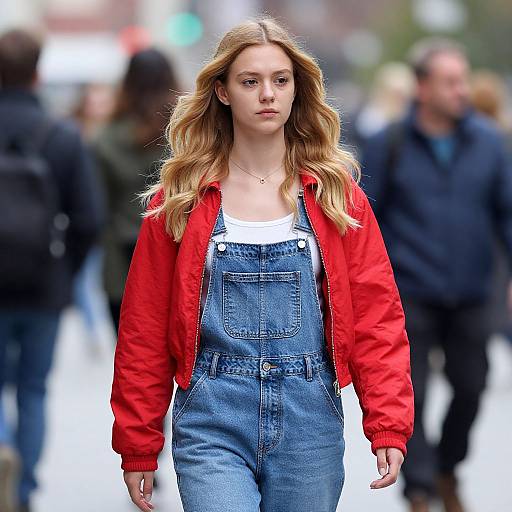 Photograph of a young woman with wavy blonde hair, wearing a red jacket over a white top and blue denim overalls, walking confidently in a