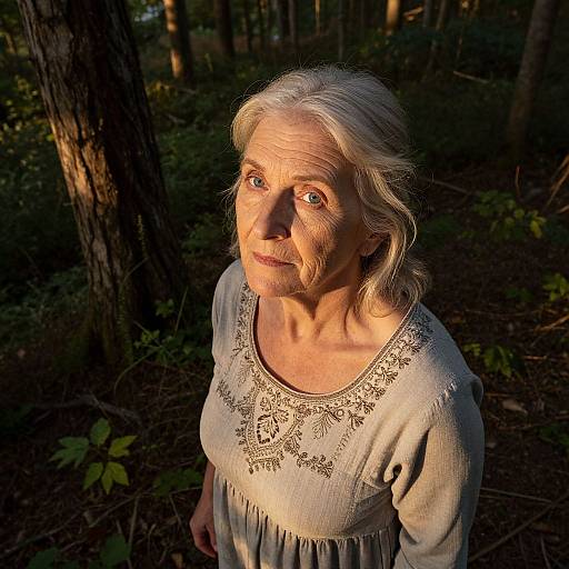 Photograph of an elderly woman with white hair, wearing a light gray embroidered blouse, standing in a sunlit forest, shadows highlighting her wrinkles and thoughtful