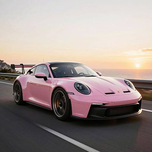 Photograph of a sleek, pink Porsche 911 speeding on a coastal highway during sunset, with a clear horizon and warm orange sky.