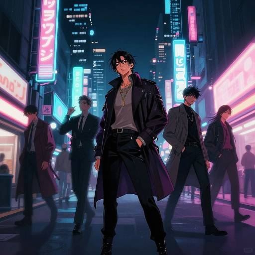 Digital anime-style city night scene: tall, black-haired, sunglasses-wearing man in long coat stands confidently amid neon-lit streets, flanked by