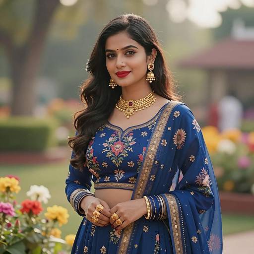 Young Woman in Traditional Blue Patola Chaniya Choli