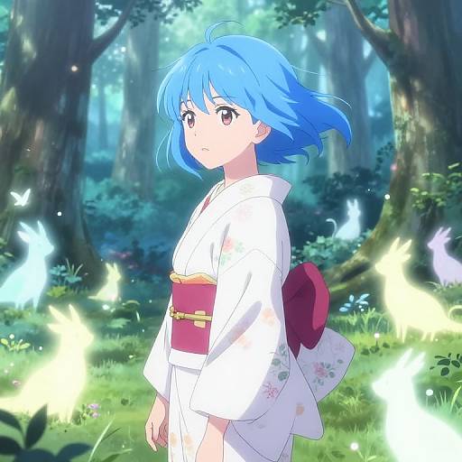 Anime-style digital drawing of a girl with blue hair, wearing a white kimono with a red obi, standing in a forest with glowing butterflies.