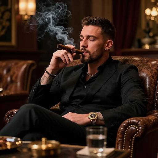 Photograph of a bearded man with short dark hair, smoking a cigar, wearing a black suit and gold watch, sitting on a brown leather couch