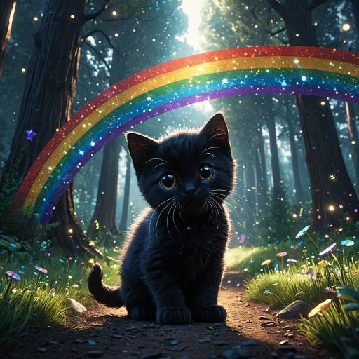 Magical Black Kitten with Rainbow in Enchanted Forest