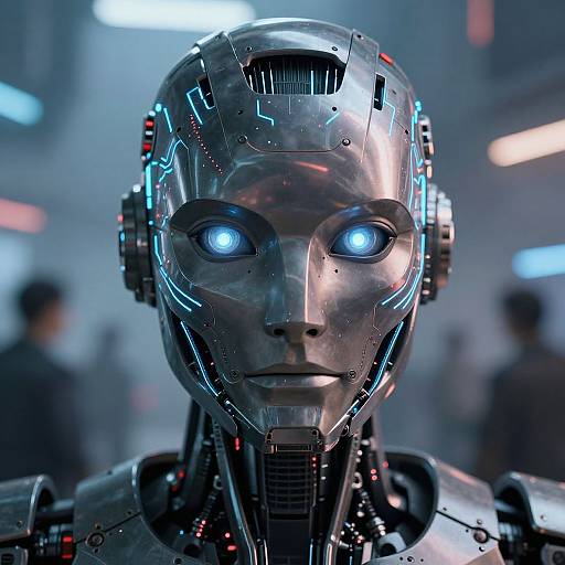 Photorealistic CGI of a silver, robotic humanoid with glowing blue eyes, intricate metallic face, and futuristic background with blurred figures.