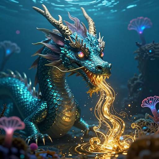 Digital artwork of a vibrant blue dragon with glowing red eyes, exhaling golden fire, surrounded by underwater flora in a deep blue ocean.