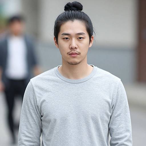 Photograph of an Asian man with a top bun, light skin, slight stubble, wearing a gray sweater, standing in a blurred urban background.