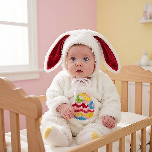 Photograph of a baby with blue eyes, wearing a white, fluffy bunny onesie with red ears and colorful circular design, sitting in a wooden crib