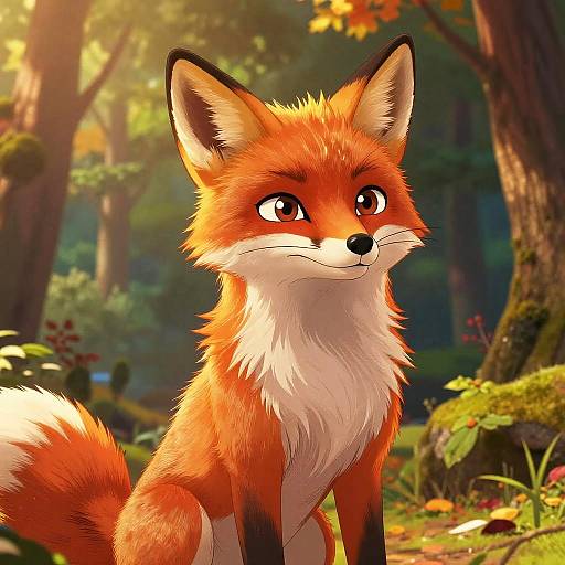 Digital illustration of a cute, red-orange fox with white chest and tail tip, large brown eyes, and pointed ears, sitting in a sunlit,