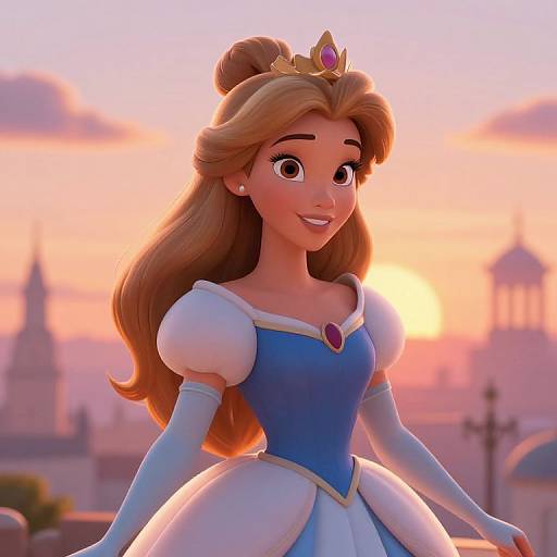 CGI image of Disney's Princess Rapunzel with golden hair, blue dress, white puffed sleeves, gold crown, smiling, against a sunset