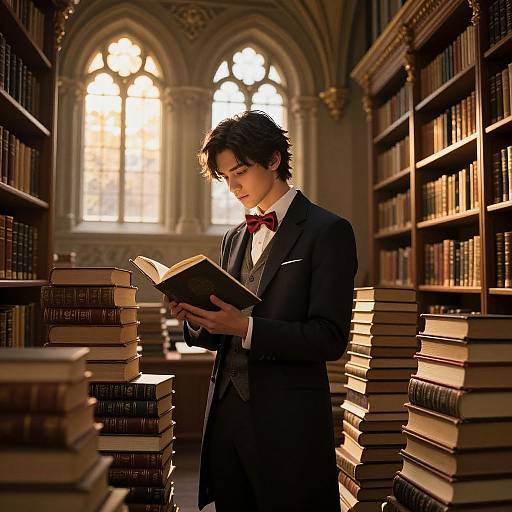 Photograph-style digital art of a young man with wavy hair, dressed in a dark suit and red bow tie, reading a book amidst tall stacks