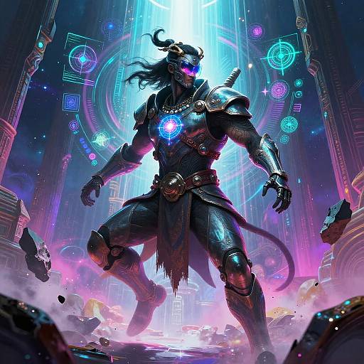 Digital artwork of a muscular, armored, horned warrior with glowing purple eyes and blue energy core, standing in a futuristic, neon-lit ruin.