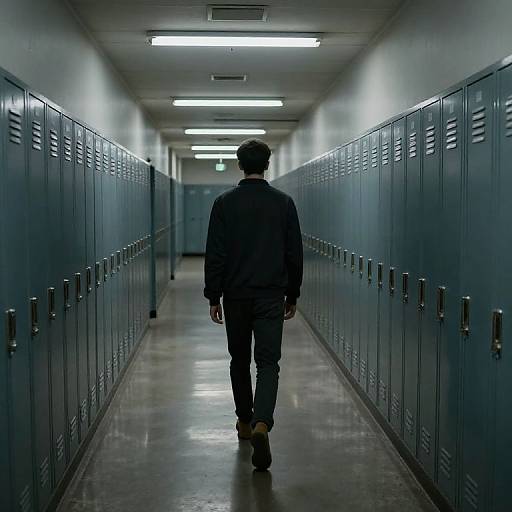 Photograph of a solitary figure in dark clothing walking down a long, fluorescent-lit school locker room with blue lockers on both sides.