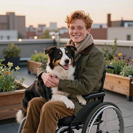 Joyful Man with Dog in Rooftop Garden