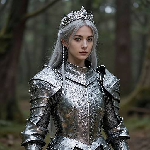 Photorealistic CGI of a young woman with silver hair, wearing ornate silver medieval armor and a crown, standing in a forest.