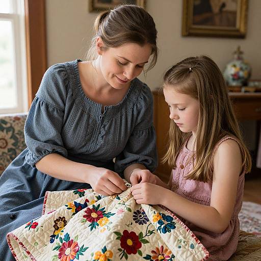Photograph of a smiling woman in a blue dress and a young girl with brown hair, both looking at a colorful floral quilt. Warm, sunlit