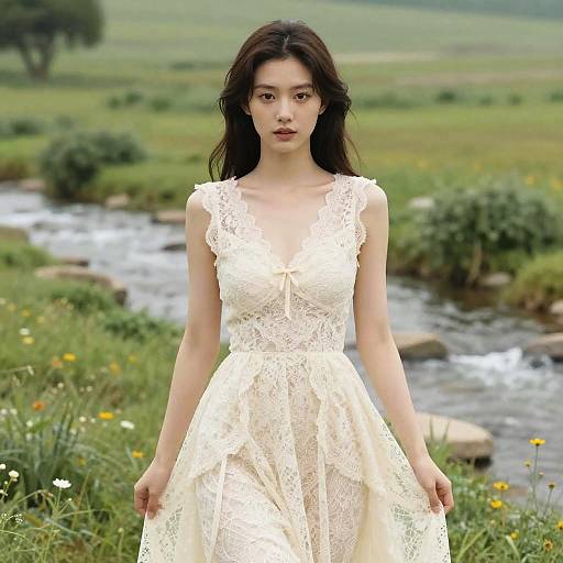 Elegant Woman in Romantic Meadow Dress